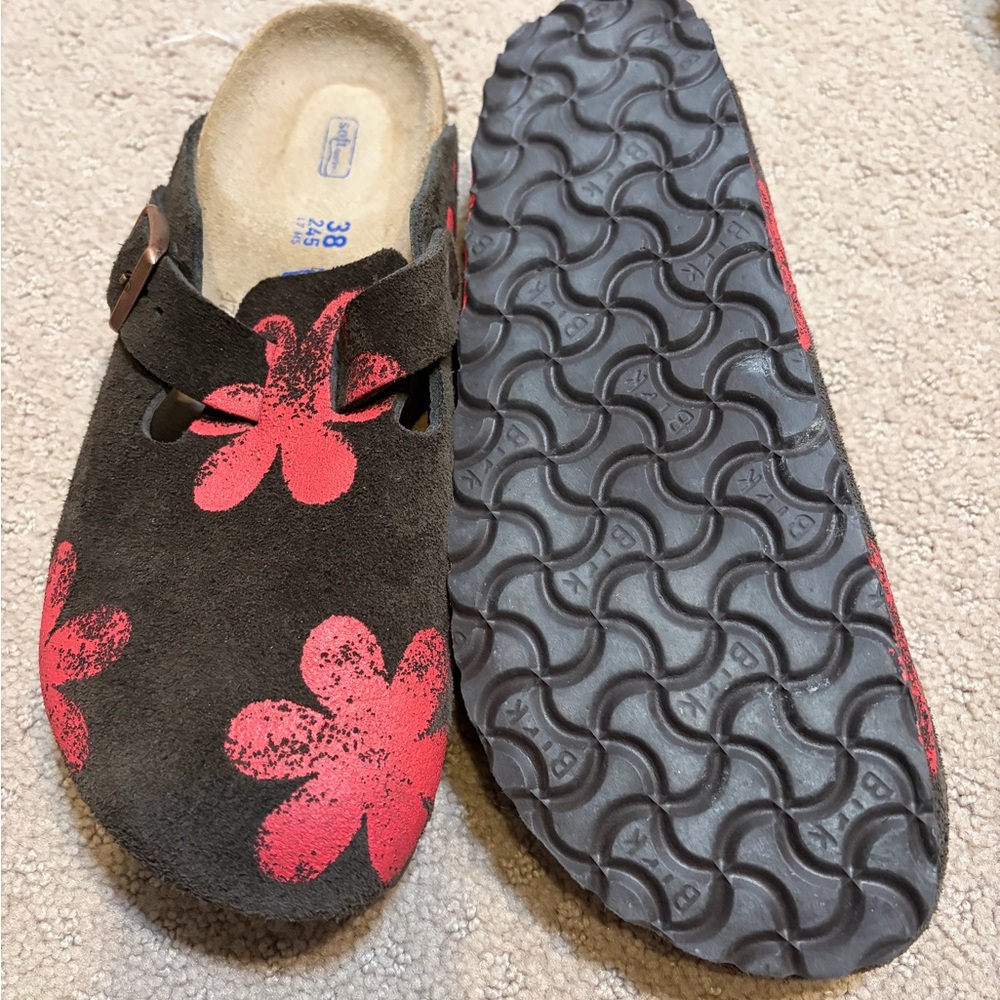 Birkenstock Brown and Red Floral Suede Clogs Hand Stamped The Great. - Picture 3 of 4